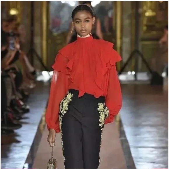 GIAMBATTISTA VALLI x H&M Red Silk Chiffon Ruffle Blouse Shirt Size 4 - Picture 3 of 15